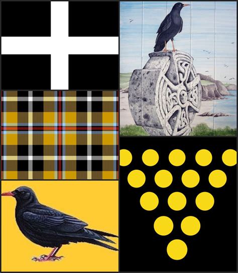 Cornish symbols: St Piran's Flag (white cross /black background); The Duchy of Cornwall shield ...