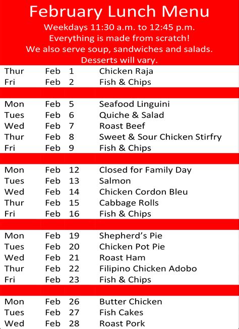 February Lunch Menu – Sechelt Activity Centre