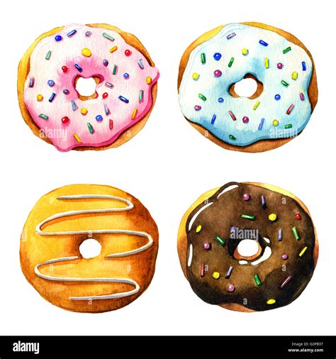 Four watercolor donut on a white background Stock Photo - Alamy