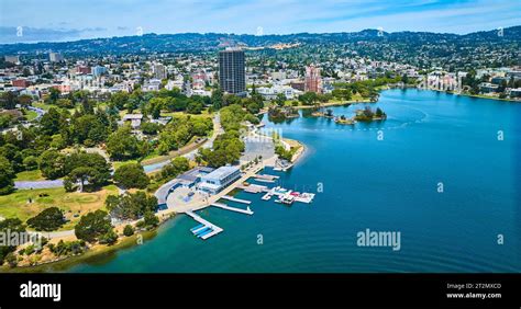 Aerial Lake Merritt Boating Center with Pelican Island and residential area of Oakland City ...