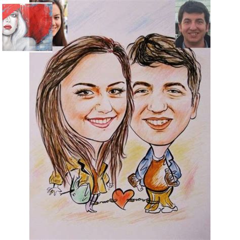 a drawing of two people, one smiling and the other looking at the camera