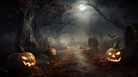 Path In A Woods With Three Jackolanterns And Other Halloween Decor Background, Spooky Scary ...