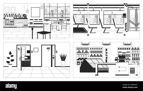 Public space interior black and white line illustration set Stock ...