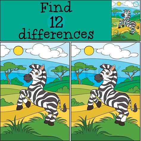 Children games: Find differences. Cute little zebra stands on the field ...