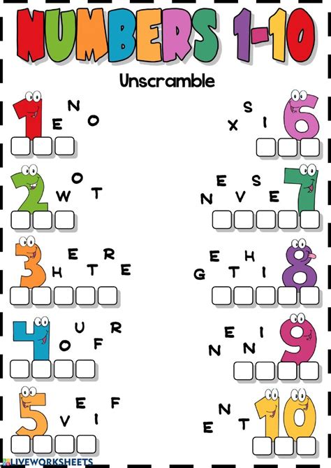 Numbers 1-10 (Unscramble) - Interactive worksheet | English worksheets for kids, English lessons ...