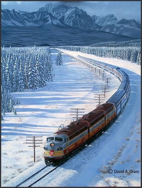 a painting of a train going down the tracks in the snow with mountains ...