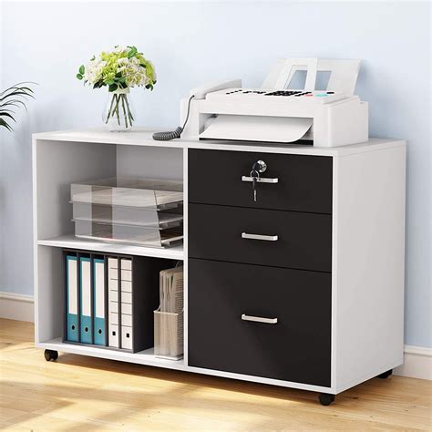 3 Drawer File Cabinet with Lock, Mobile Lateral Filing Cabinet Printer Stand with Wheels and ...