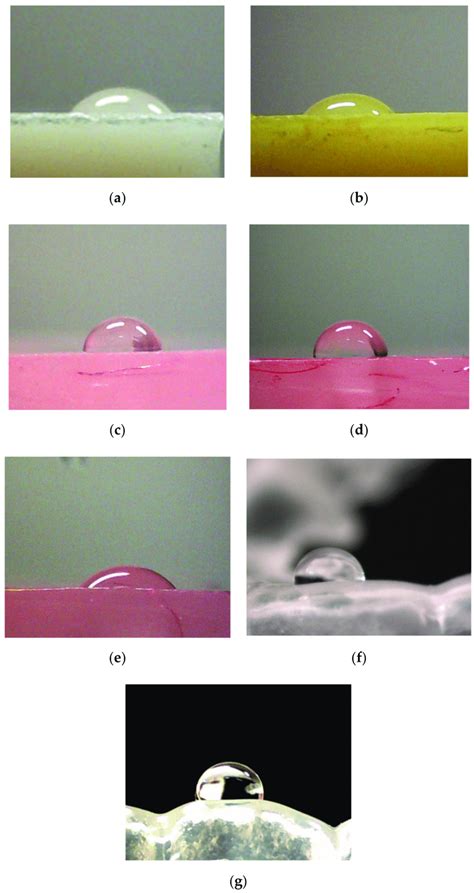 Exemplary images of a water drop onto surfaces of tested materials in ...