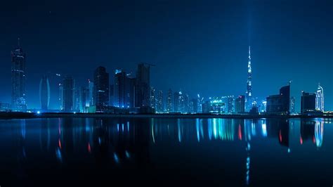 HD wallpaper: Dubai skyline, city, cityscape, blue, night, United Arab ...