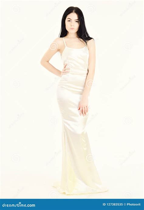 Femininity Concept. Fashion Model Wears Expensive Fashionable Evening Dress or Wedding Dress ...