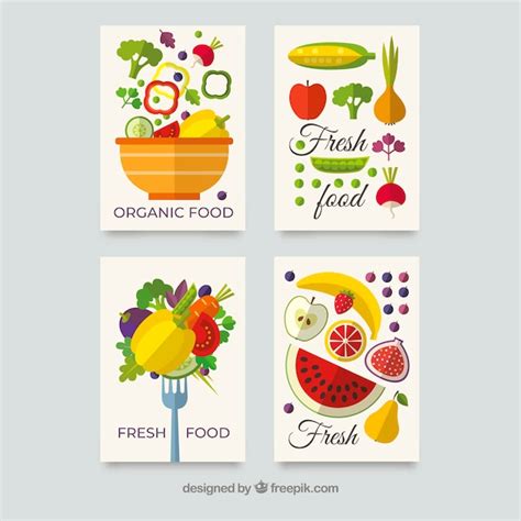 Colección de tarjetas de comida sana con diseño plano | Vector Gratis