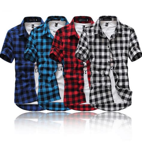 TSEXIEFOOFU - Fashion Men's Summer Casual Dress Shirt Mens Plaid Short Sleeve Shirts Tops ...