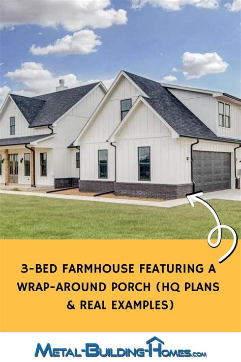 a white house with the words 3 bed farmhouse featuring a wrap - around porch h o plans and real ...
