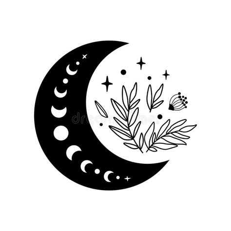 Floral Moon Logo. Moon Phase Flowers. Black Moon Icon. Celestial Crescent Isolated Element. Hand ...