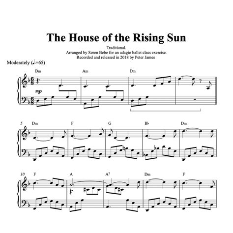 The House of the Rising Sun - Piano Sheet Music (3 pages PDF)