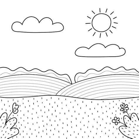 Premium Vector | Black and white meadow landscape in cartoon style ...