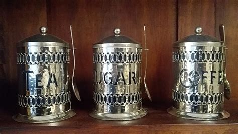 Vintage Tea, Sugar, and Coffee Canisters with Original Blue...