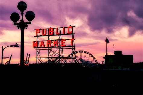 seattle, washington, city, urban, silhouettes, ferris wheel, public market, sign, light, glow ...