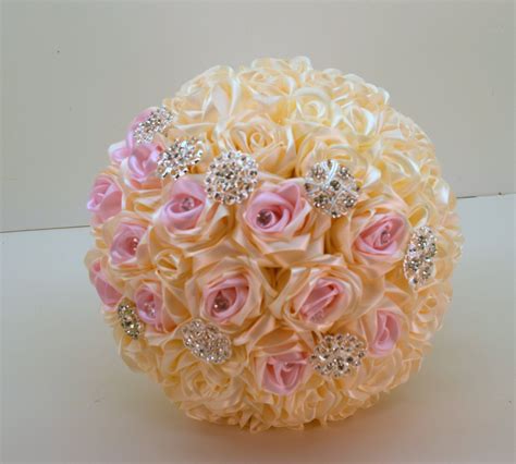 Ivory Pink Ribbon Rose Bling Bouquet | Bling bouquet, Ribbon roses, Pink bouquet