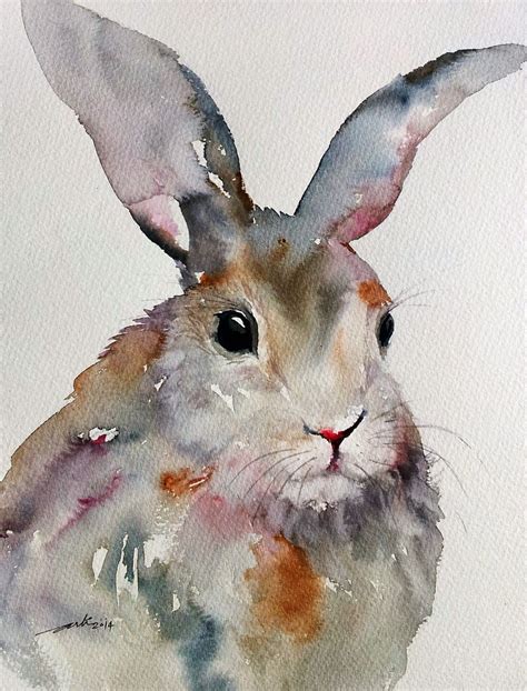 a watercolor painting of a brown and white rabbit