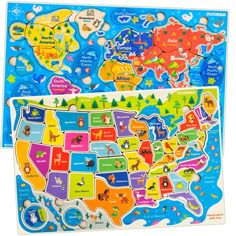 United States and World Map Puzzle for Kids Ages 4 5 6 7 8, Wooden USA Map and World Jigsaw ...