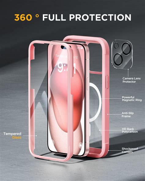 iPhone 15 - Pink : Cases Villa 360° Protection Case 9H Tempered Glass