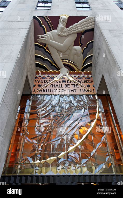 The Rockefeller Centre art deco entrance on Rockefeller Plaza, New York ...