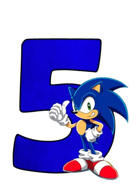 sonic the hedgehog is in front of the number 5, and it looks like he has