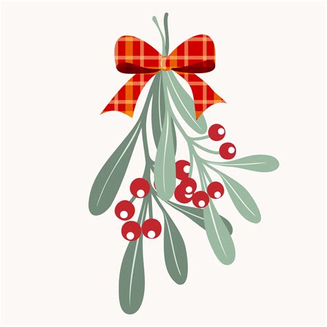 Clip art of Christmas mistletoe branches, leaves and red berries. Holiday illustration on ...