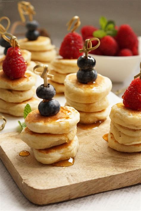 Fluffy mini pancake stacks with berries & maple syrup | Pancake stack, Pancake bar, Mini pancakes