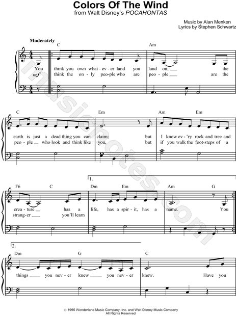 Vanessa Williams "Colors of the Wind" Sheet Music (Easy Piano) in C Major (transposable ...