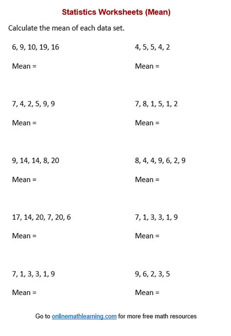 Mean Worksheets (printable, online, answers, examples)