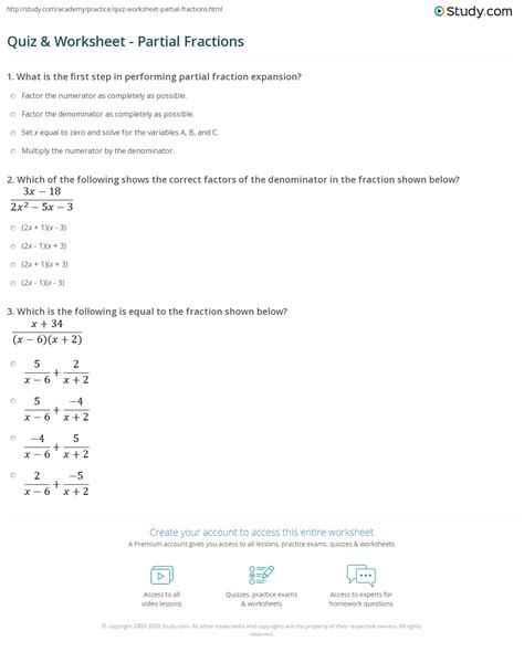 Quiz & Worksheet - Partial Fractions | Study.com