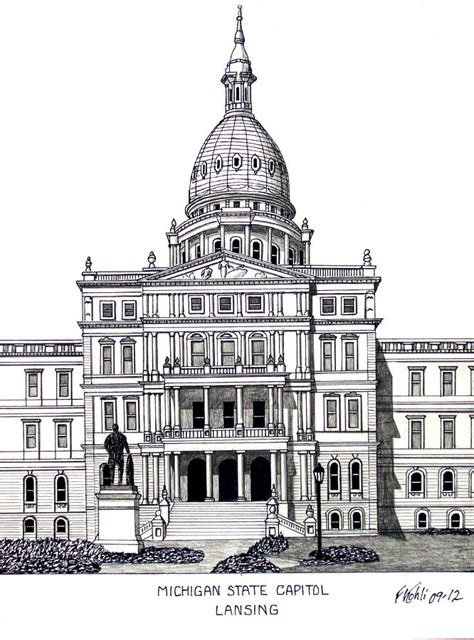 Michigan State Capitol Drawing by Frederic Kohli