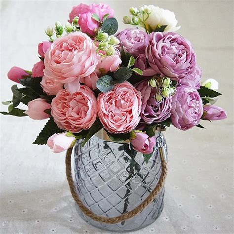 Colorful Rose Peony Artificial Silk Flowers Small Bouquet Flores Home ...