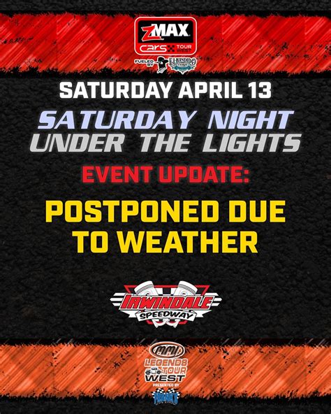 APRIL 13TH CARS TOUR WEST EVENT AT IRWINDALE SPEEDWAY POSTPONED DUE TO WEATHER