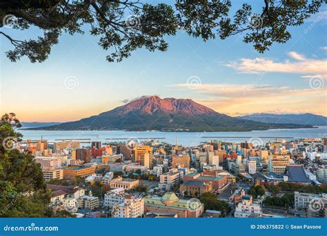 Kagoshima, Japan Skyline with Sakurajima Volcano Stock Photo - Image of ...