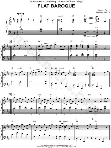 Frank Mills "Flat Baroque" Sheet Music (Piano Solo) in D Major ...