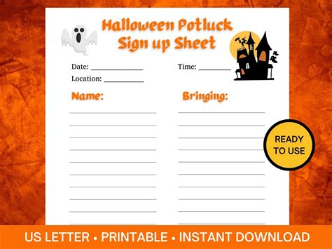 Halloween Potluck Sign up Sheet, Printable Holiday Party Food Sign up Page, Halloween Potluck ...