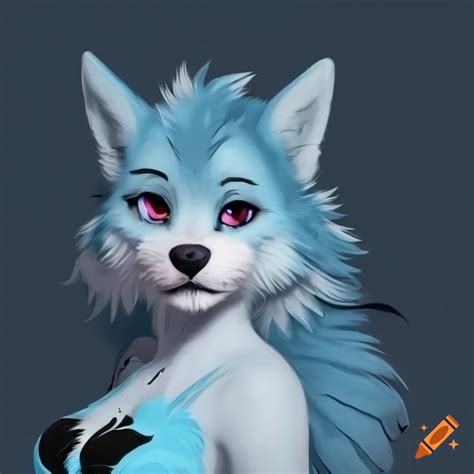 Female anthropomorphic furry light sky blue and white toony wolf with one black ear, light sky ...