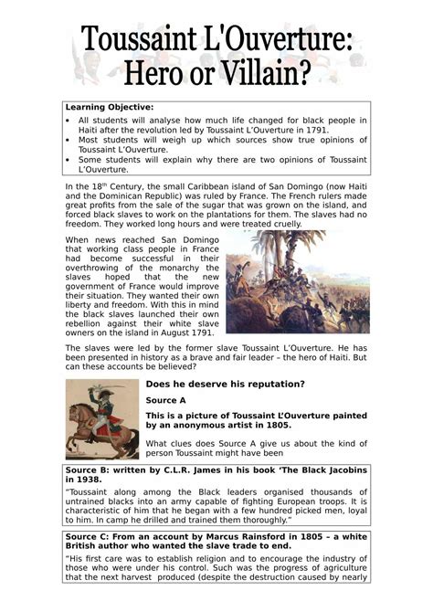 Toussaint L'Ouverture | KS3 Worksheet Lesson Plan Resource