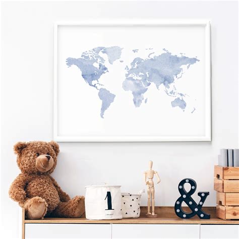 Blue World Map Printable illustration wall art print | Etsy