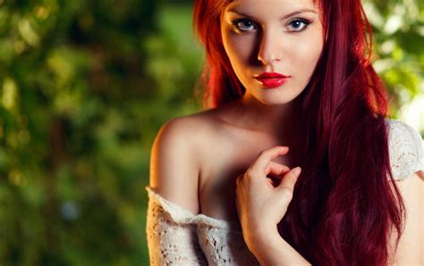 Wallpaper : women, model, redhead, red lipstick, gray eyes, looking at viewer, long hair ...