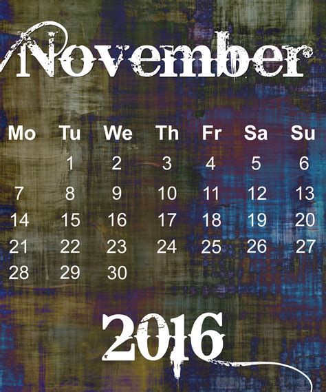 November 2016 Grunge Calendar Free Stock Photo - Public Domain Pictures