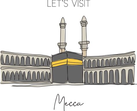 Single continuous line drawing Masjidil Haram landmark. Most holy place in Mecca, Saudi Arabia ...