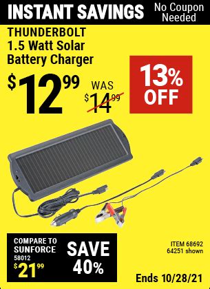 THUNDERBOLT 1.5 Watt Solar Battery Charger for $12.99 – Harbor Freight Coupons