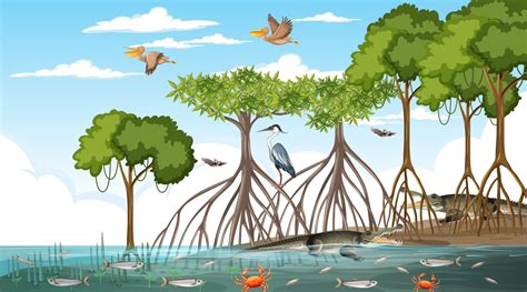 Mangrove forest landscape scene at daytime with many different animals ...