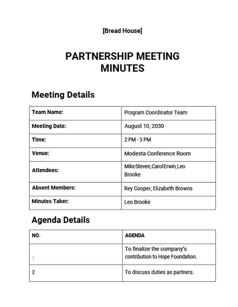 Partnership Meeting Minutes Template