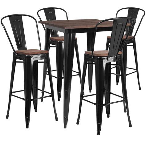 Flash Furniture 31.5" Square Black Metal Bar Table Set with Wood Top and 4 Stools - Walmart.com ...