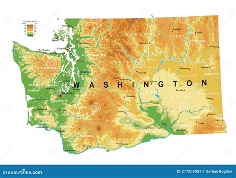 Washington State Physical Map Stock Vector - Illustration of border, cities: 217209551